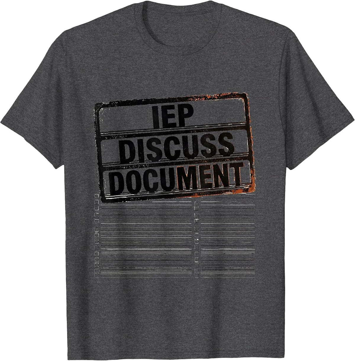 Men's IEP Discuss Document Rubber Stamp Special Education Teacher T-Shirt - Dark Heather Grey