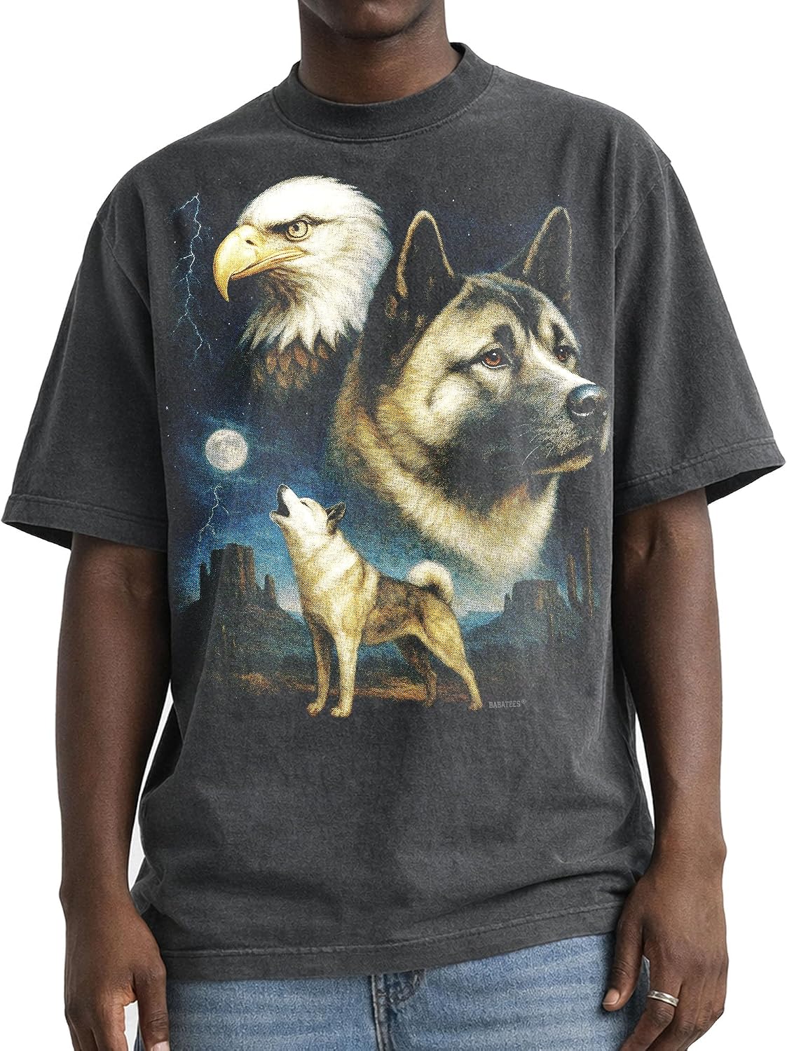 Shaka Wear Dog & Bald Eagle Thunder Tshirt - Faded Max-Heavyweight 7.5oz Oversized & Boxy - Akita