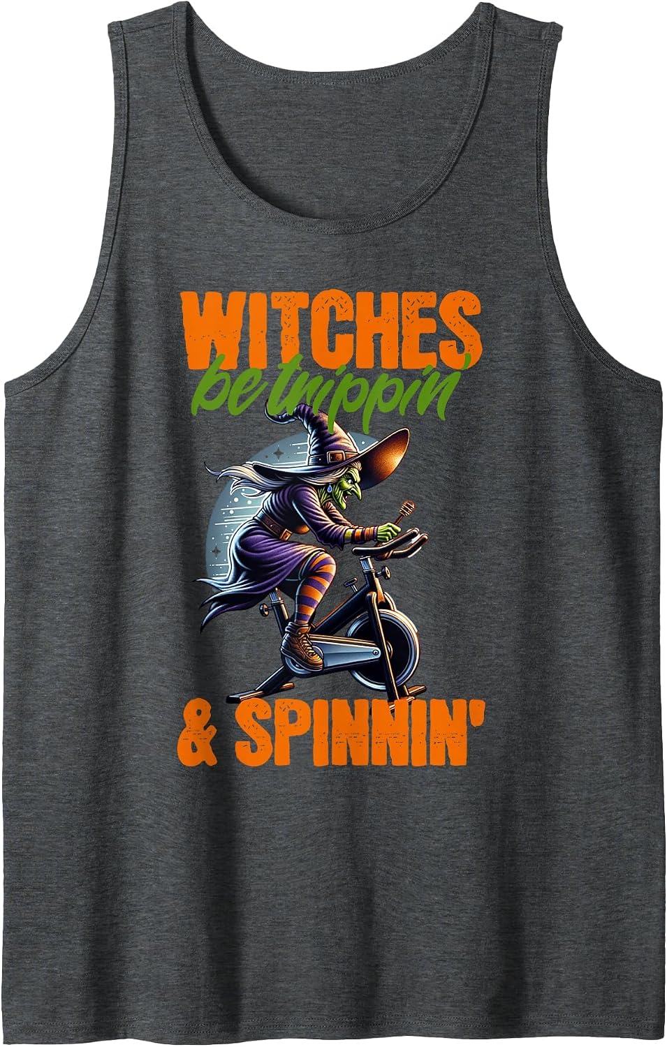 Witches Be Trippin' & Spinnin' Halloween Spin Class Tank Top - Dark Heather Grey