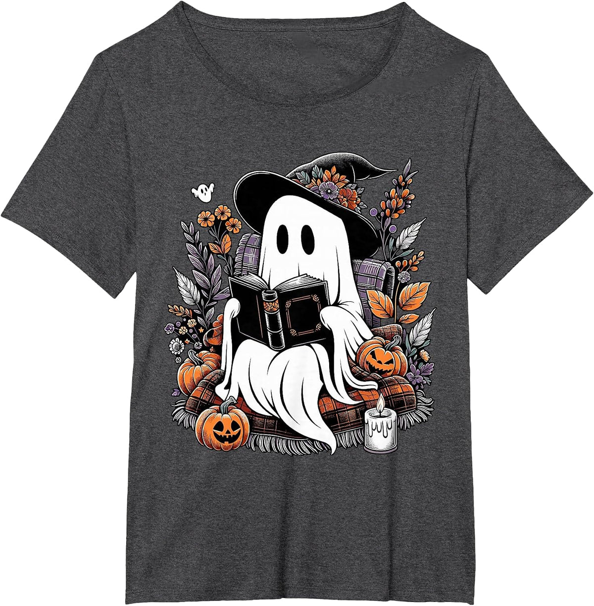 Ghost Reading Books Pumpkin Halloween T-Shirt - Dark Heather Grey
