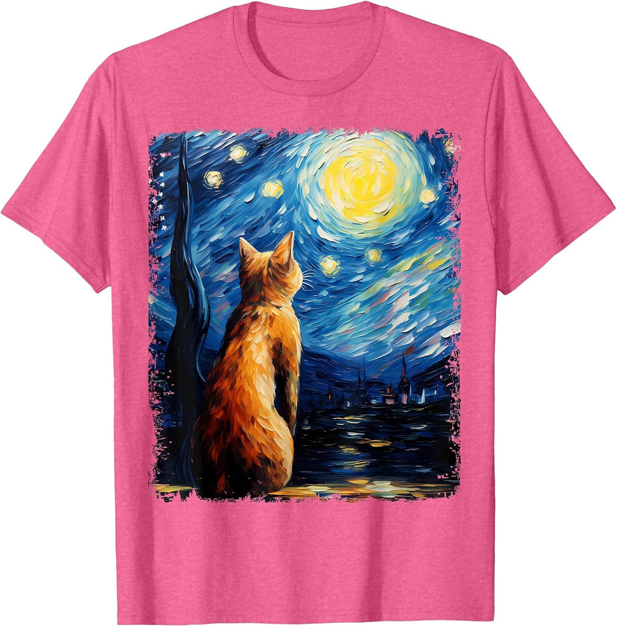 Abyssinian Orange Cat Starry Night Painting T-Shirt - Pink Heather