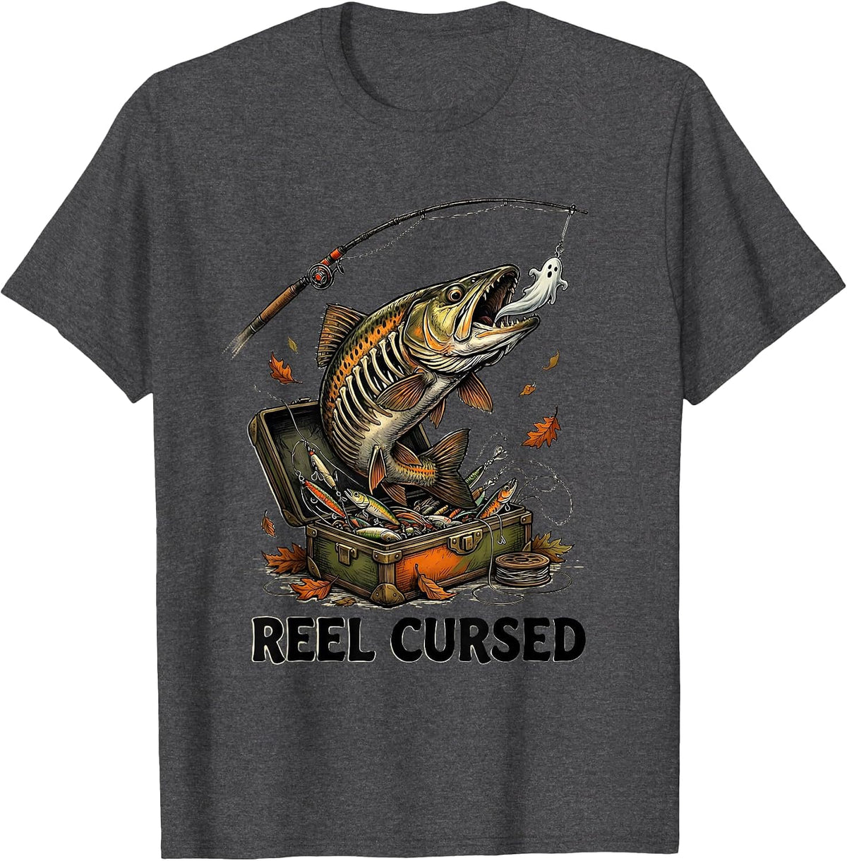 Reel Cursed Playful Spooky Skeleton Halloween Fishing Gift T-Shirt - Dark Heather Grey