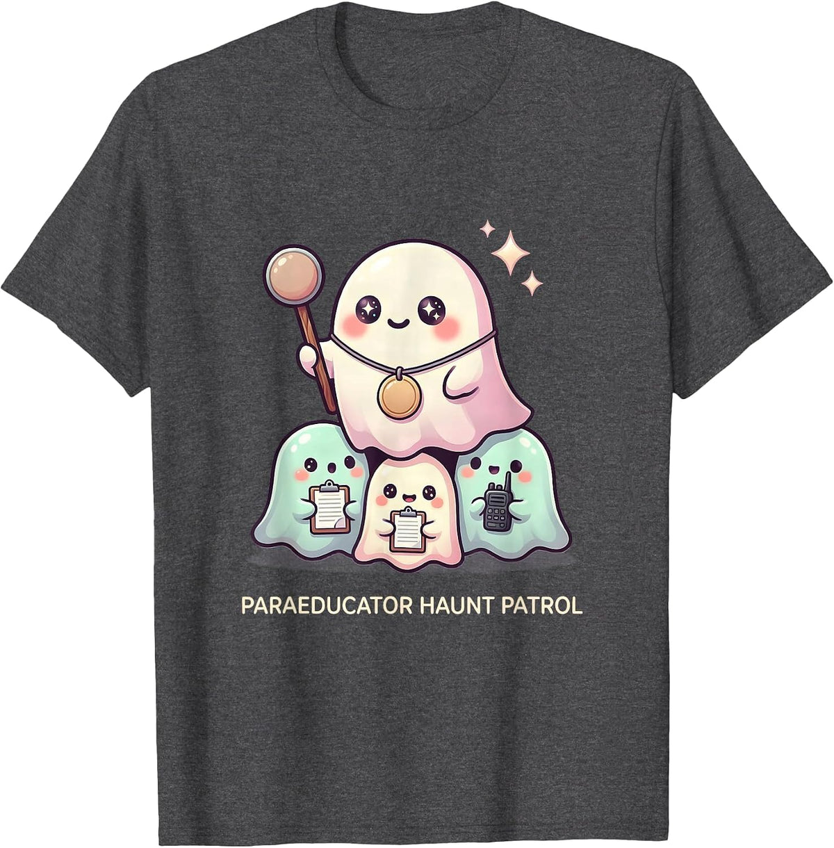 Men's Paraeducator Haunt Patrol Cute Kawaii Ghost Paraeducator T-Shirt - Dark Heather Grey