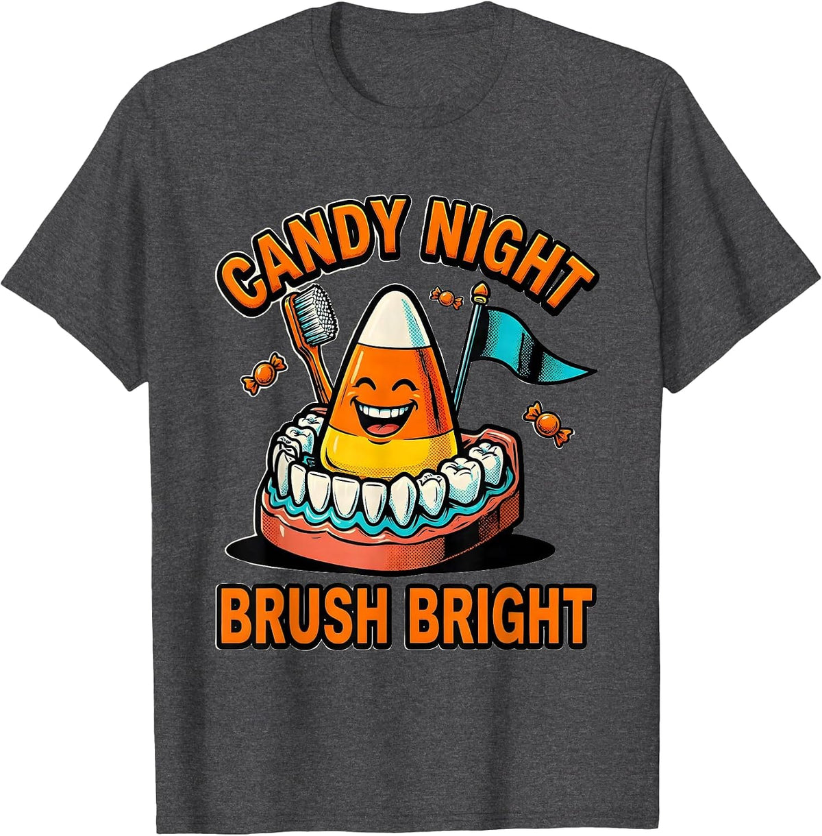 Candy Night Brush Bright Pop Art Dental Humor Halloween T-Shirt - Dark Heather Grey