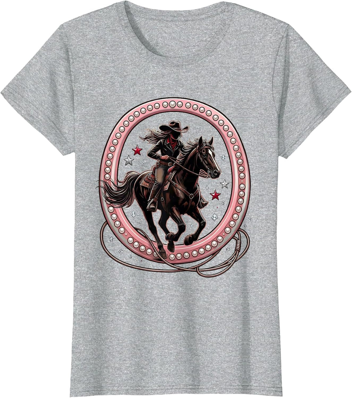 Cowgirl Silhouette Riding Horse at Sunset T-Shirt - Heather Grey