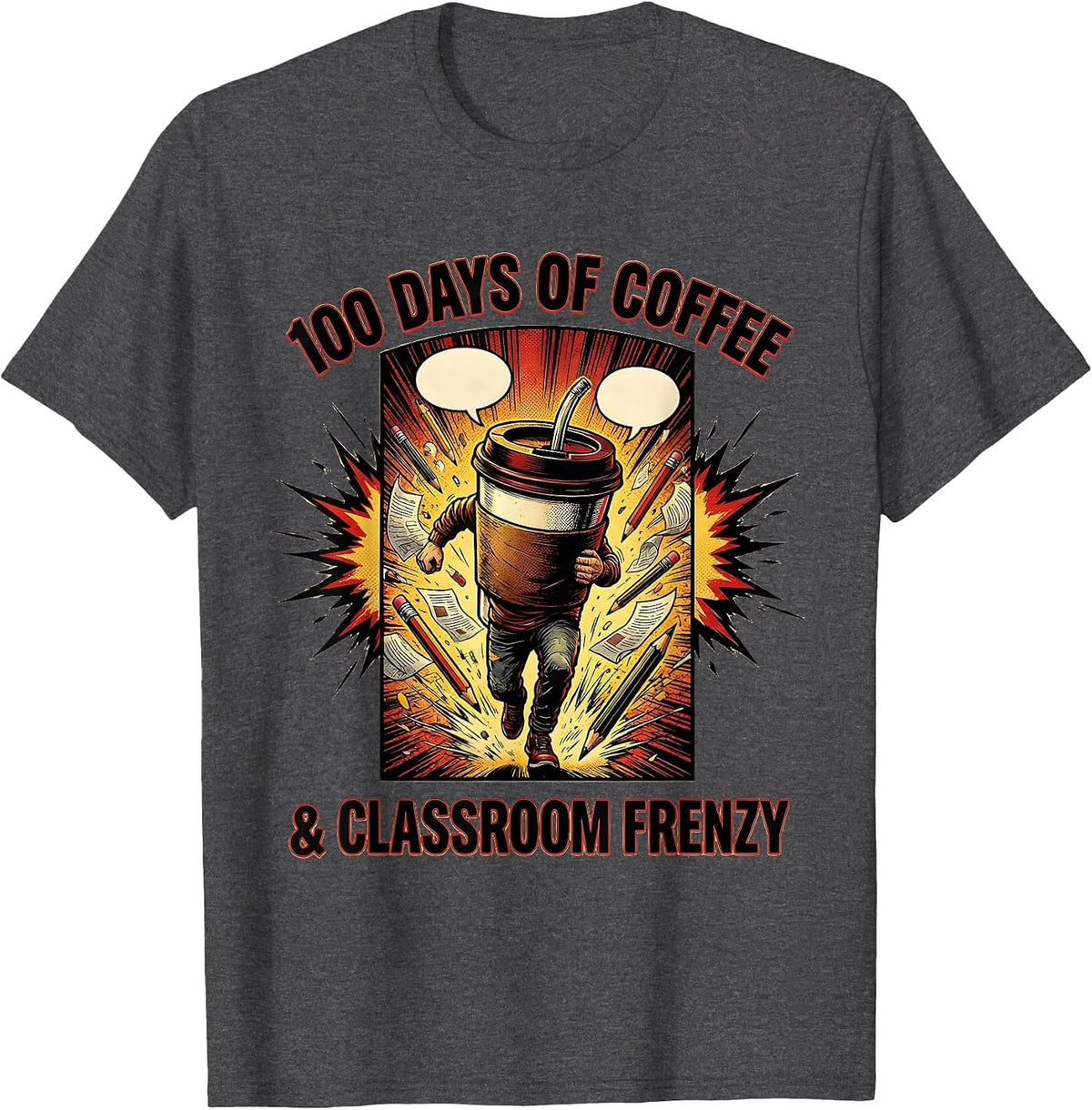 Men's 100 Days Of Coffee & Classroom Frenzy Comic Book Teacher T-Shirt - Dark Heather Grey