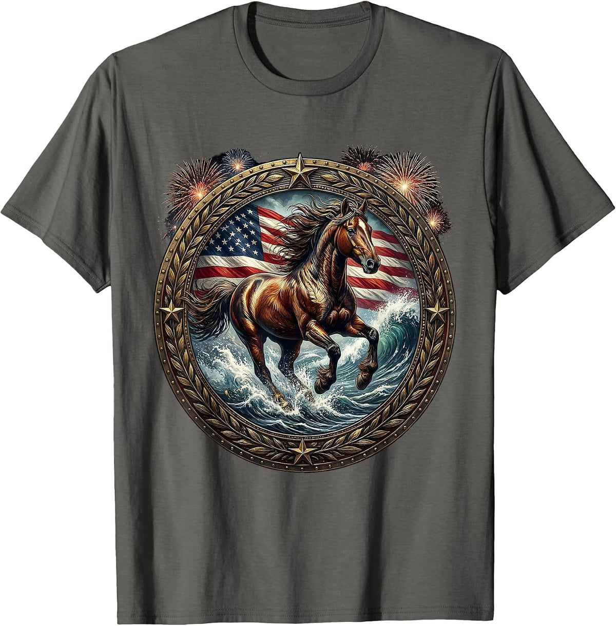 Men's Wild Horse Galloping Through Ocean Surf T-Shirt - Asphalt Grey