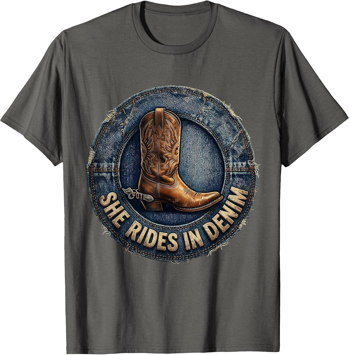 She Rides In Denim Cowgirl Graphic Design T-Shirt - Asphalt Grey