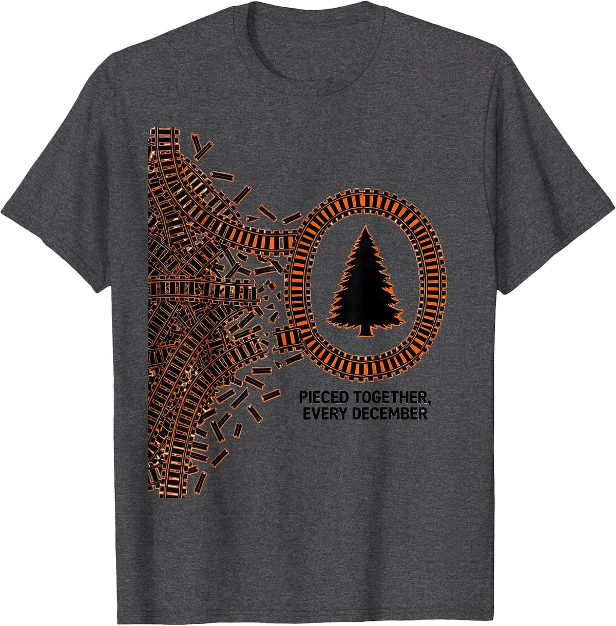 Men's Pieced Together Every December Vintage Train Hobbyist T-Shirt - Dark Heather Grey