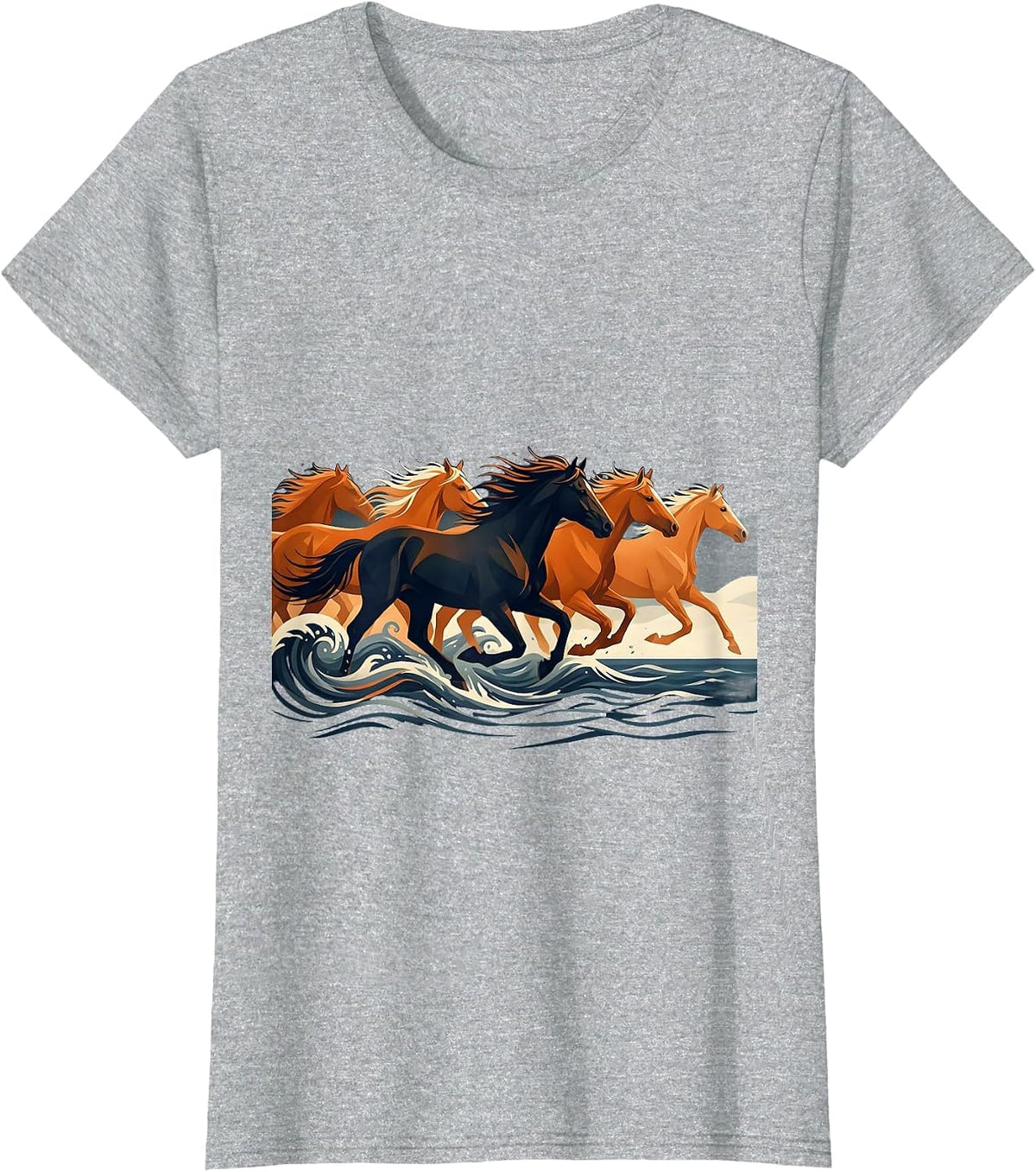 Wild Horses Galloping Through Ocean Surf T-Shirt - Heather Grey