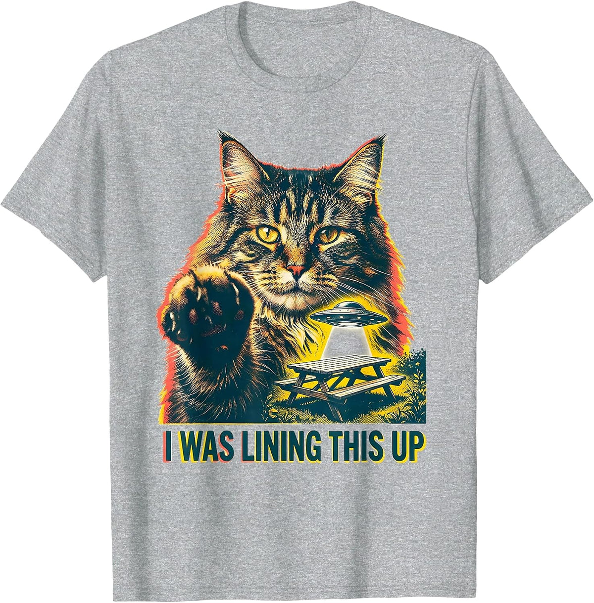 Men's I Was Lining This Up Risograph Funny Cat UFO Meme Novelty T-Shirt - Heather Grey