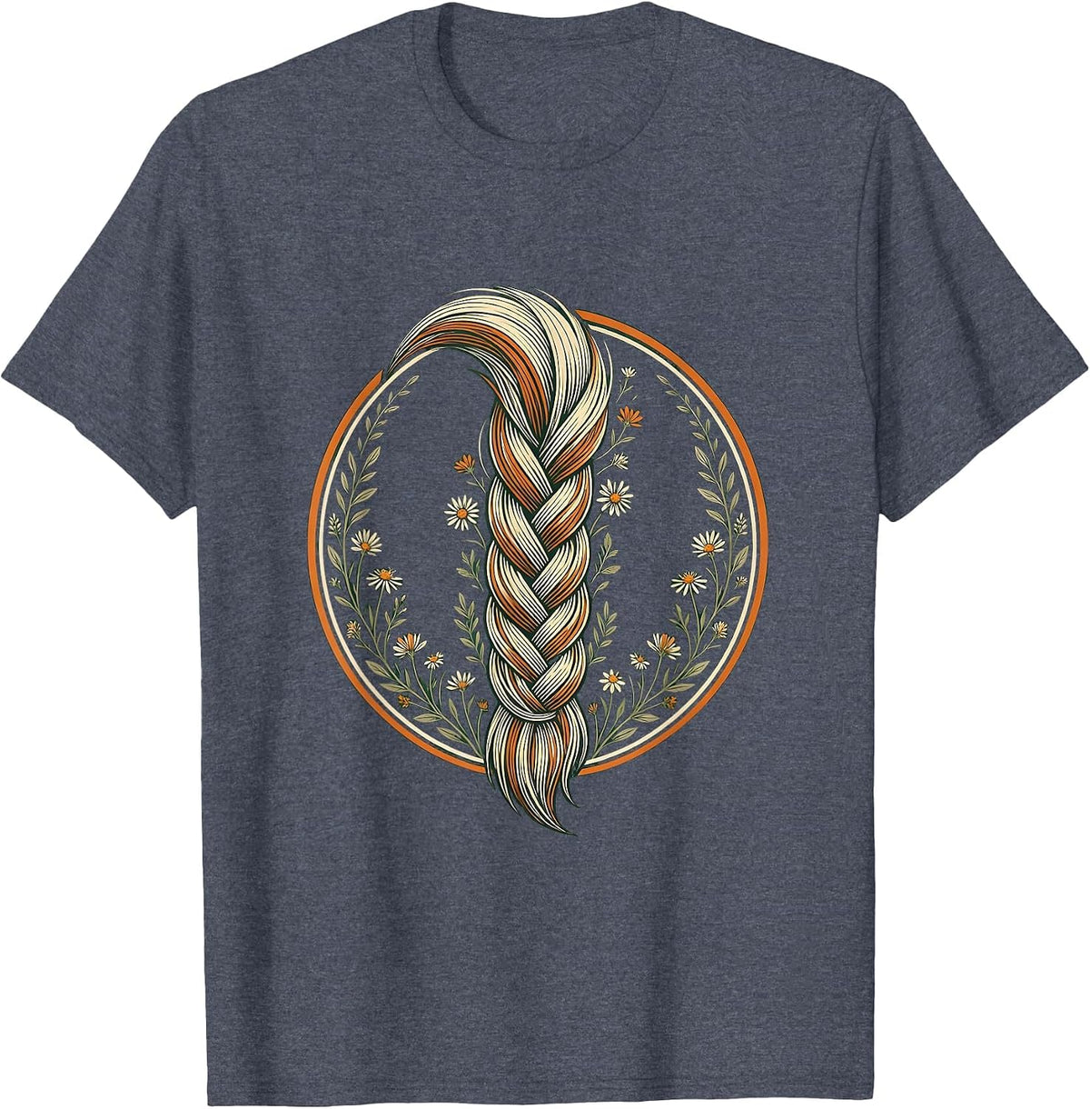 Braided Horse Tail Wildflowers Floral Illustration T-Shirt - Heather Blue