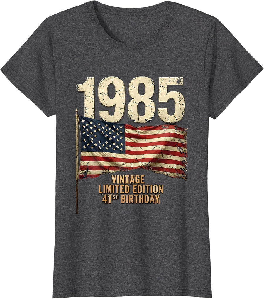 Women's Vintage 1985 Limited Edition 41st Birthday USA Flag T-Shirt - Dark Heather Grey