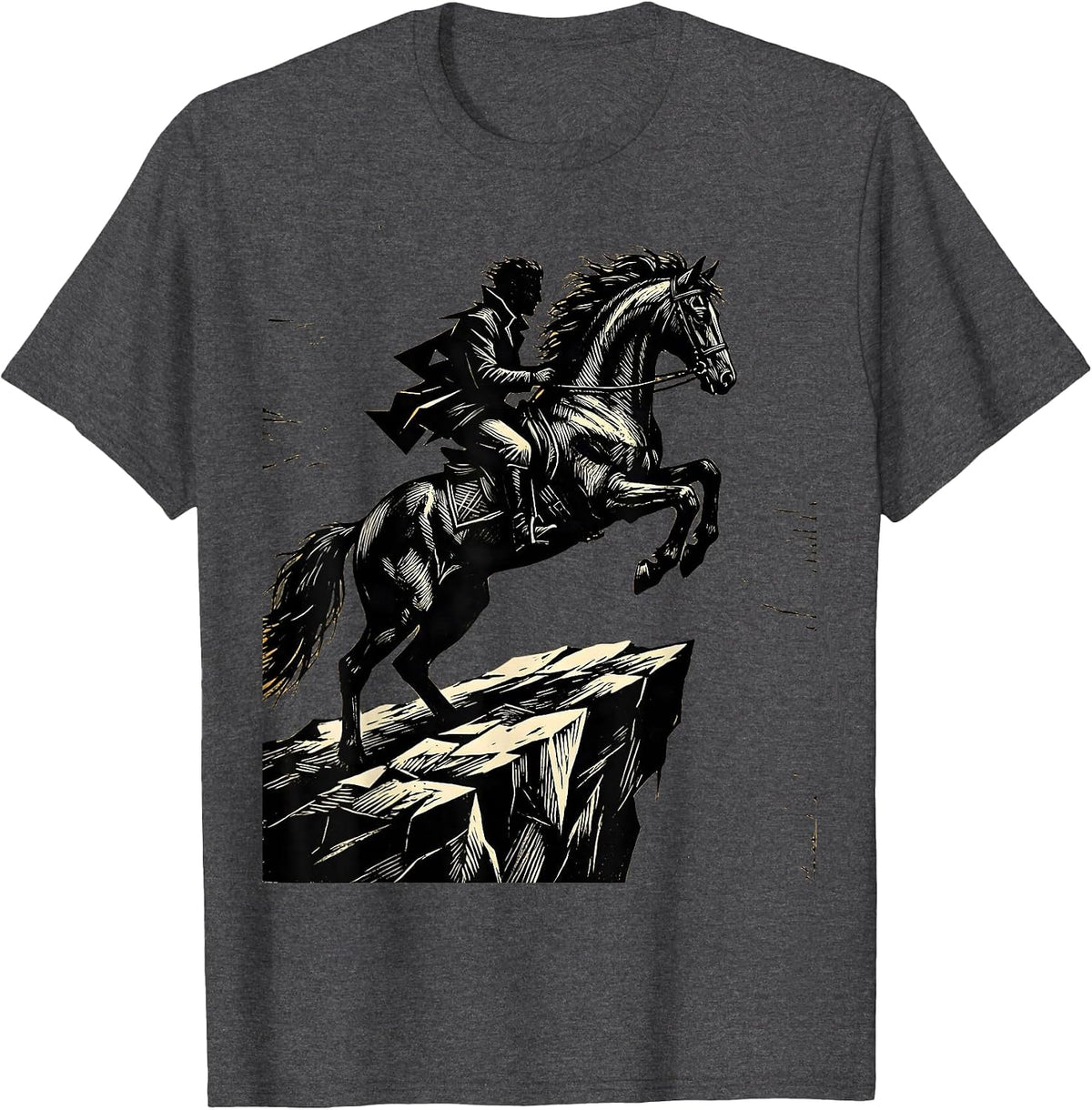 Men's Horse and Rider Silhouette Cliff Edge Design T-Shirt - Dark Heather Grey