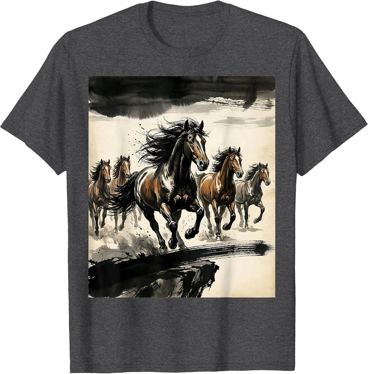 Wild Horses Running Along Cliff Edge at Sunset T-Shirt - Dark Heather Grey