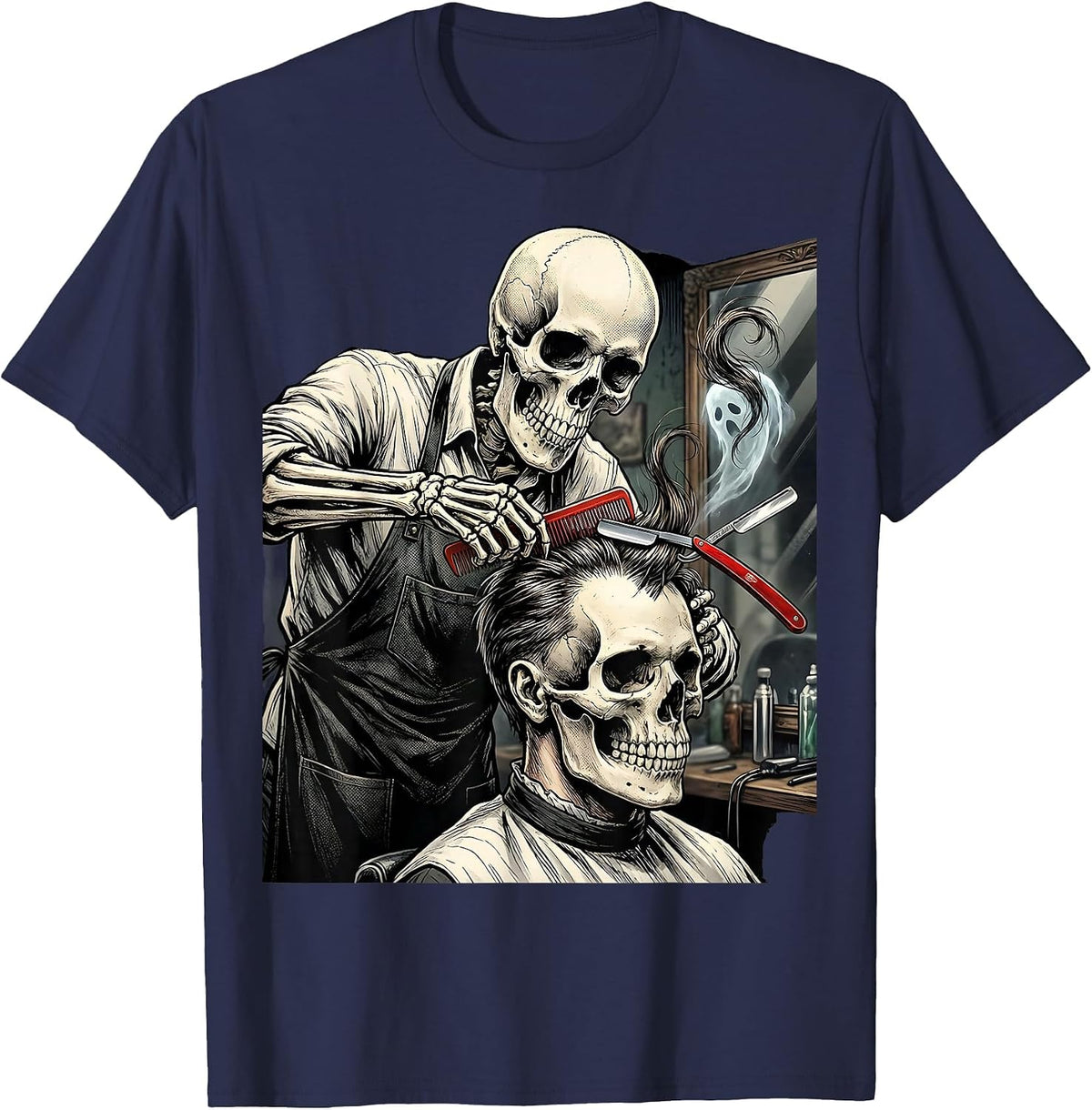 Skeleton Hairstylist Barber Halloween Gothic Humor T-Shirt - Navy Blue