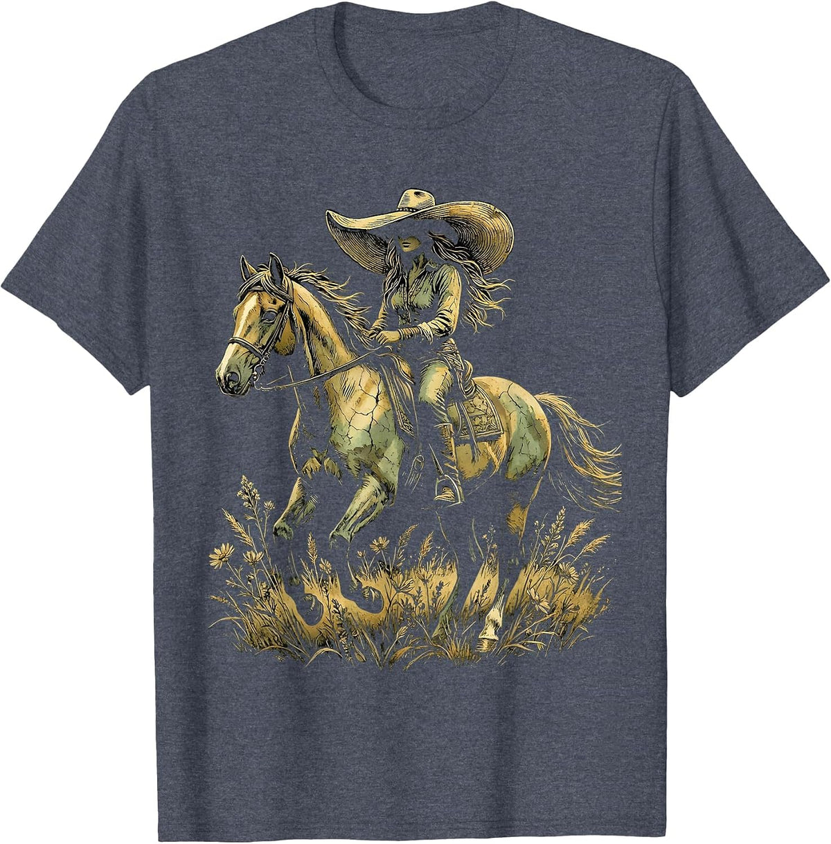 Western Cowboy Hat Horseback Rider Graphic T-Shirt - Heather Blue