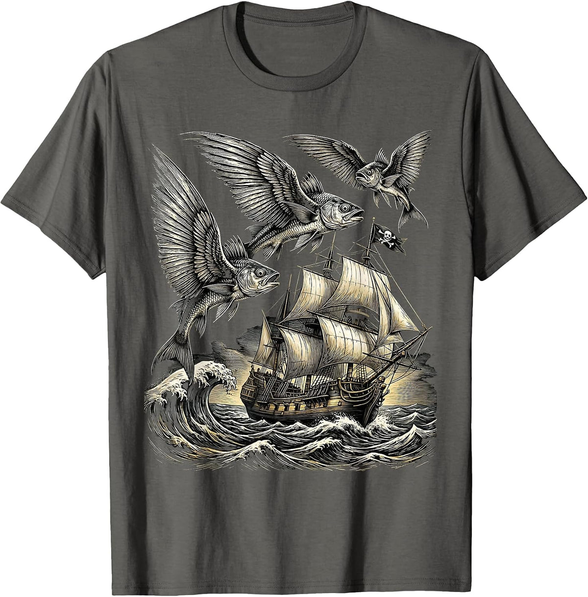 Men's Flying Fish Leaping Over Pirate Ship Graphic T-Shirt - Asphalt Grey