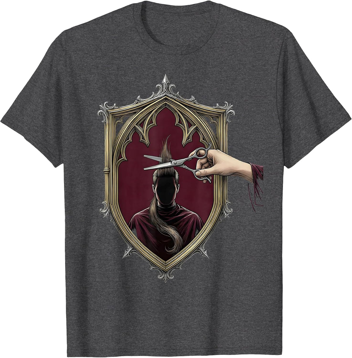Men's Gothic Barber Shield Hairdresser Gift Stylist Humor T-Shirt - Dark Heather Grey