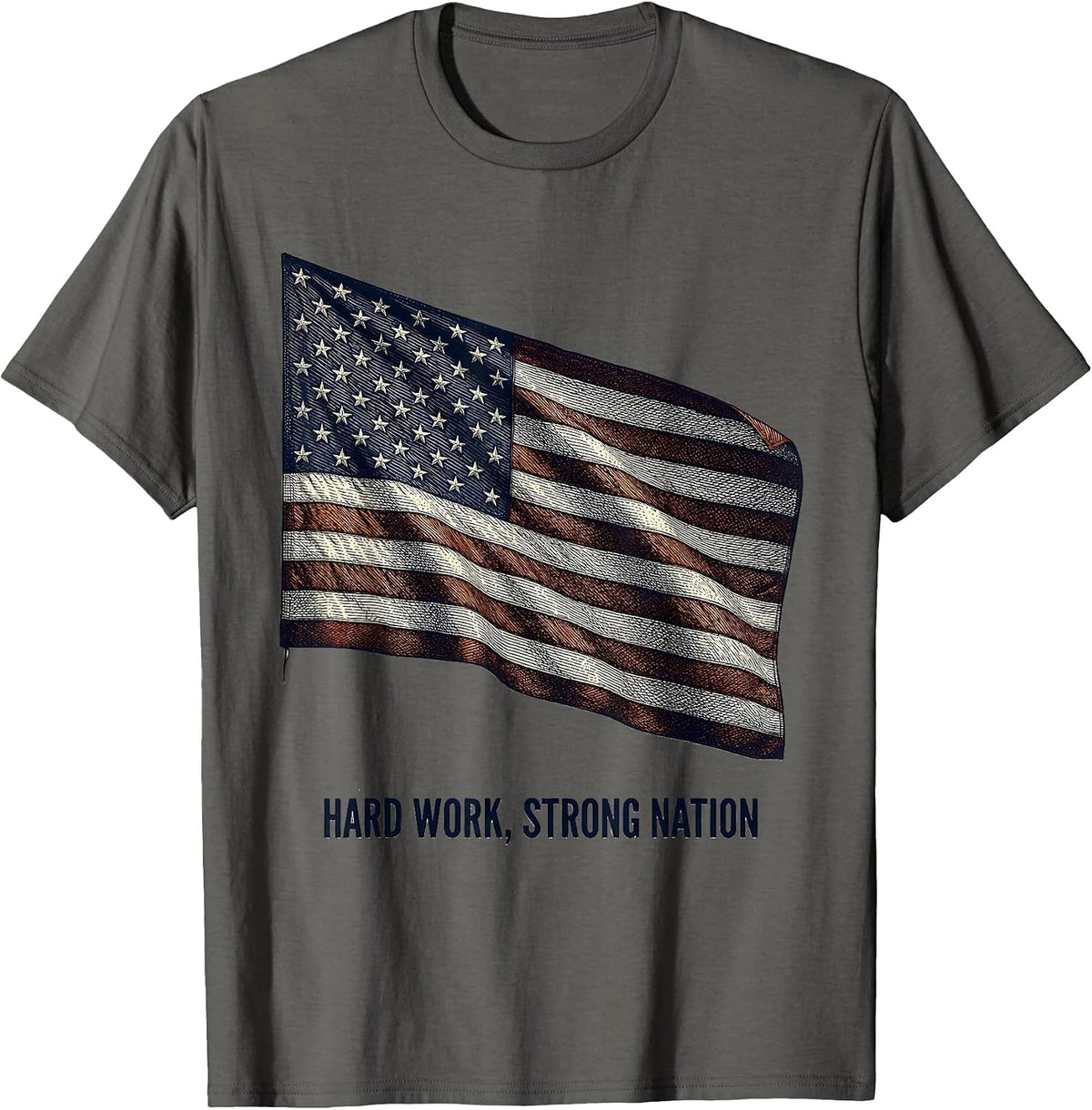 Hard Work Strong Nation American Flag Design T-Shirt - Asphalt Grey