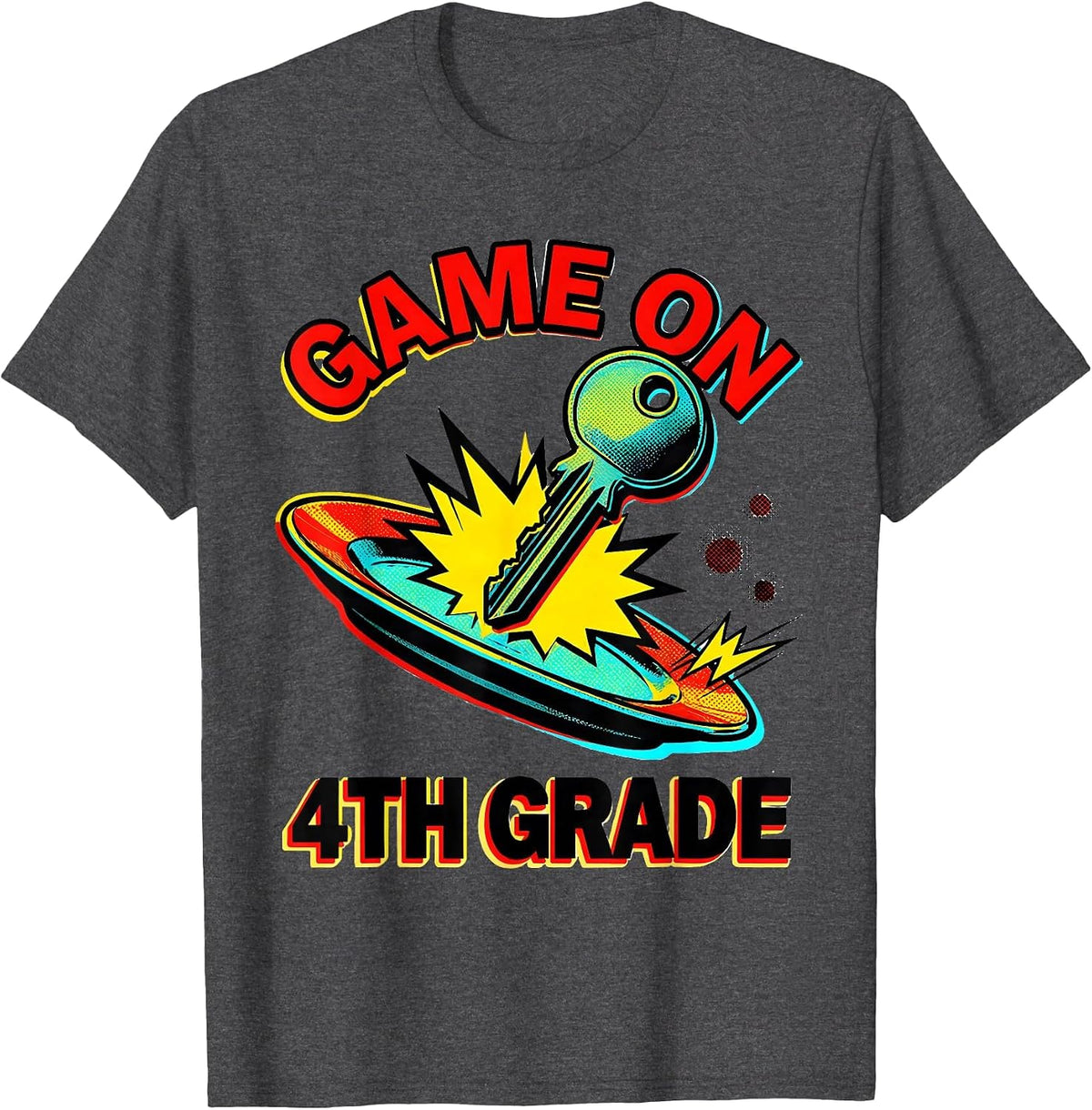 Men's Game On 4th Grade Pop Art Back To School Boys Level Unlocked T-Shirt - Dark Heather Grey