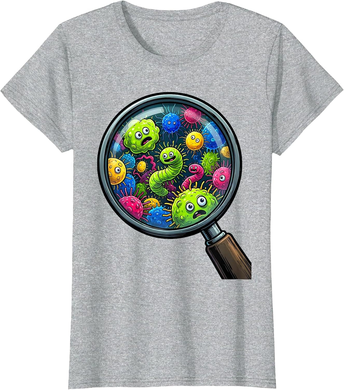 Magnifying Glass Microbial World Science Teacher T-Shirt - Heather Grey