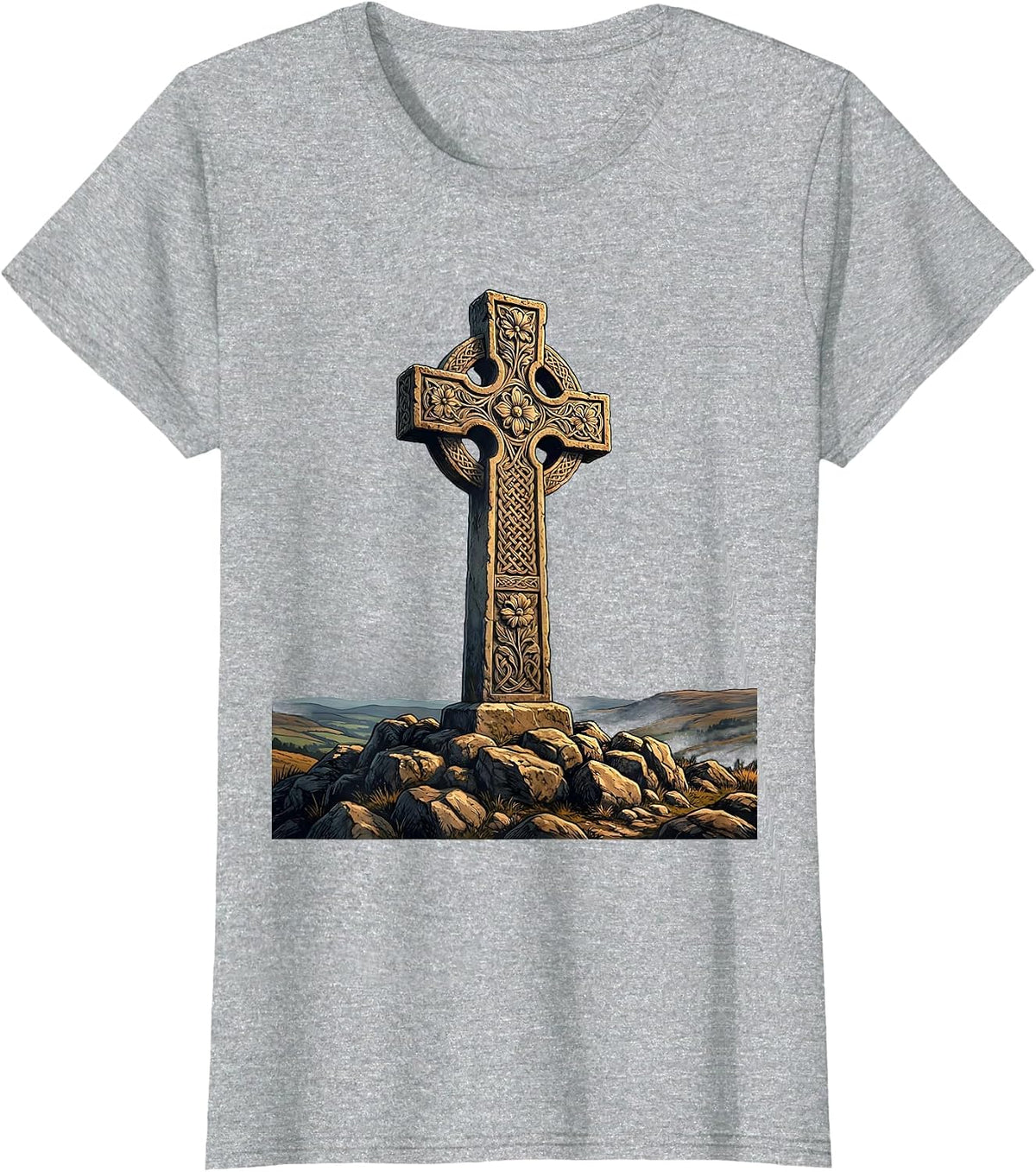 Ornate Stone Cross on Rocky Hilltop Illustration T-Shirt - Heather Grey