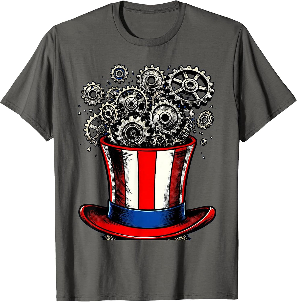 Uncle Sam Hat Overflowing Gears Patriotic Design T-Shirt - Asphalt Grey