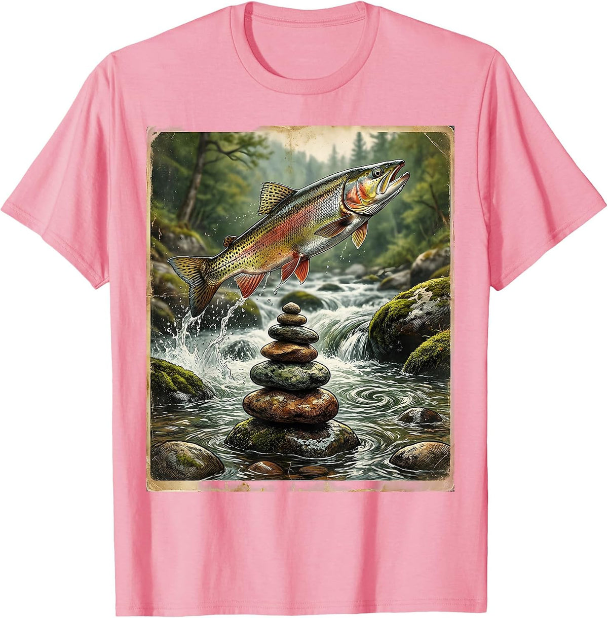Men's Stacked River Rocks Trout Stream Fishing Graphic T-Shirt - Pink