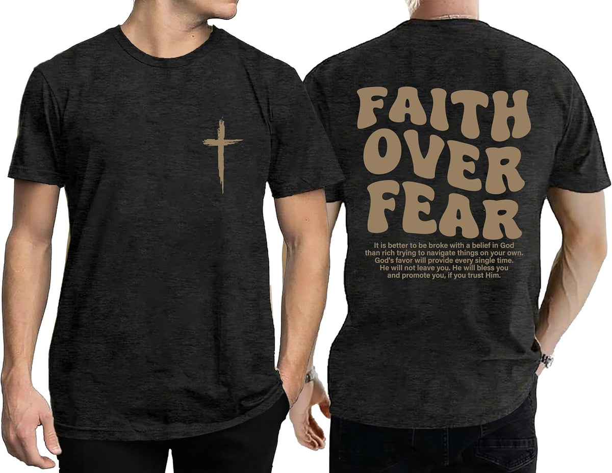 Christian Shirts for Men Faith Over Fear Cross Printed Bible Verse Tee Tops - Darkgray2