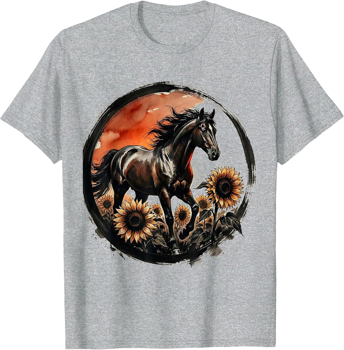 Men's Horse in Sunflower Field Dusk Illustration T-Shirt - Heather Grey