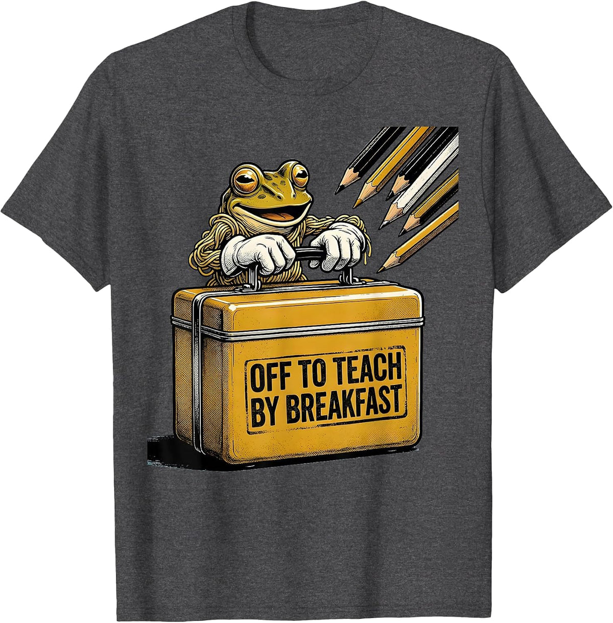 Men's Off To Teach By Breakfast Funny Frog Teacher Back To School T-Shirt - Dark Heather Grey