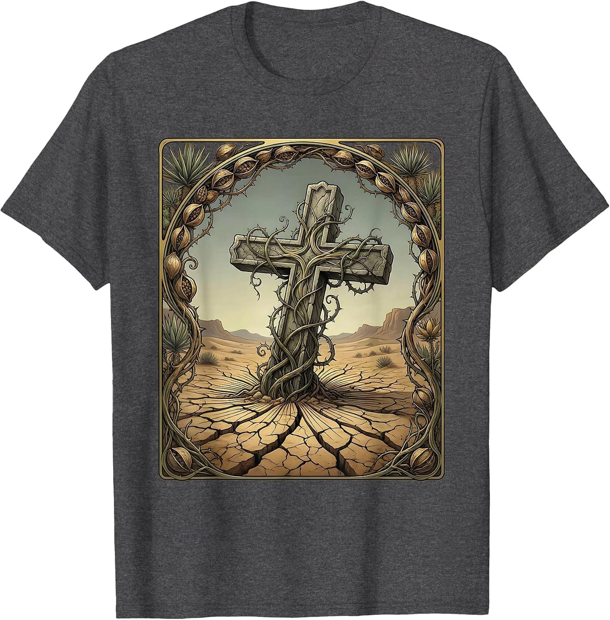 Cross Sinking Into Cracked Desert Ground T-Shirt - Dark Heather Grey