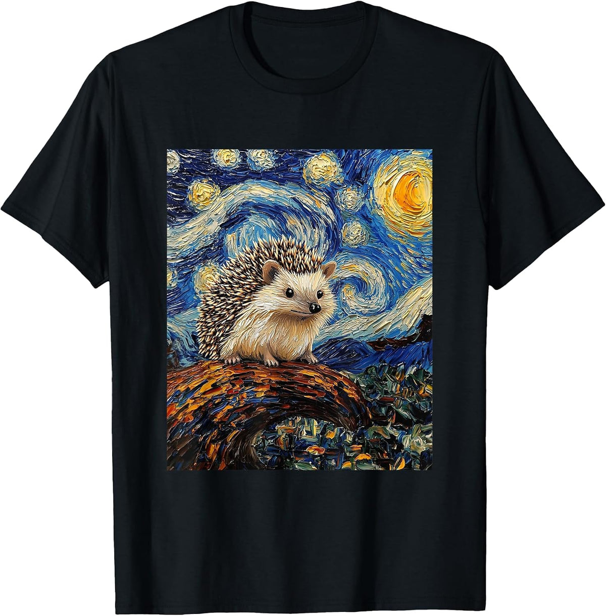 Hedgehog Van Gogh Style Starry Night Cute Graphic T-Shirt - Black
