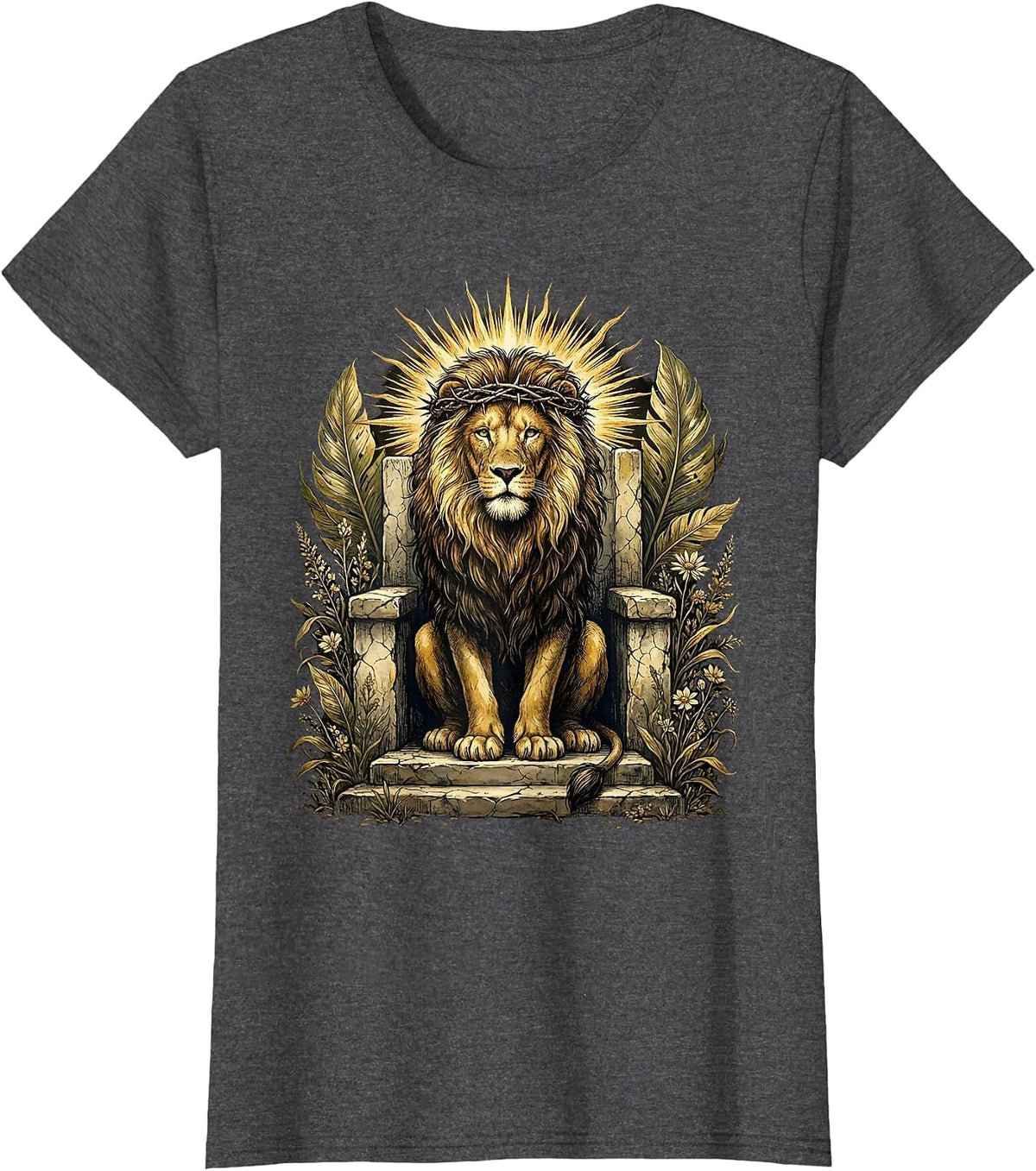 Women's Christ Is King Lion Thorned Crown Throne Design T-Shirt - Dark Heather Grey