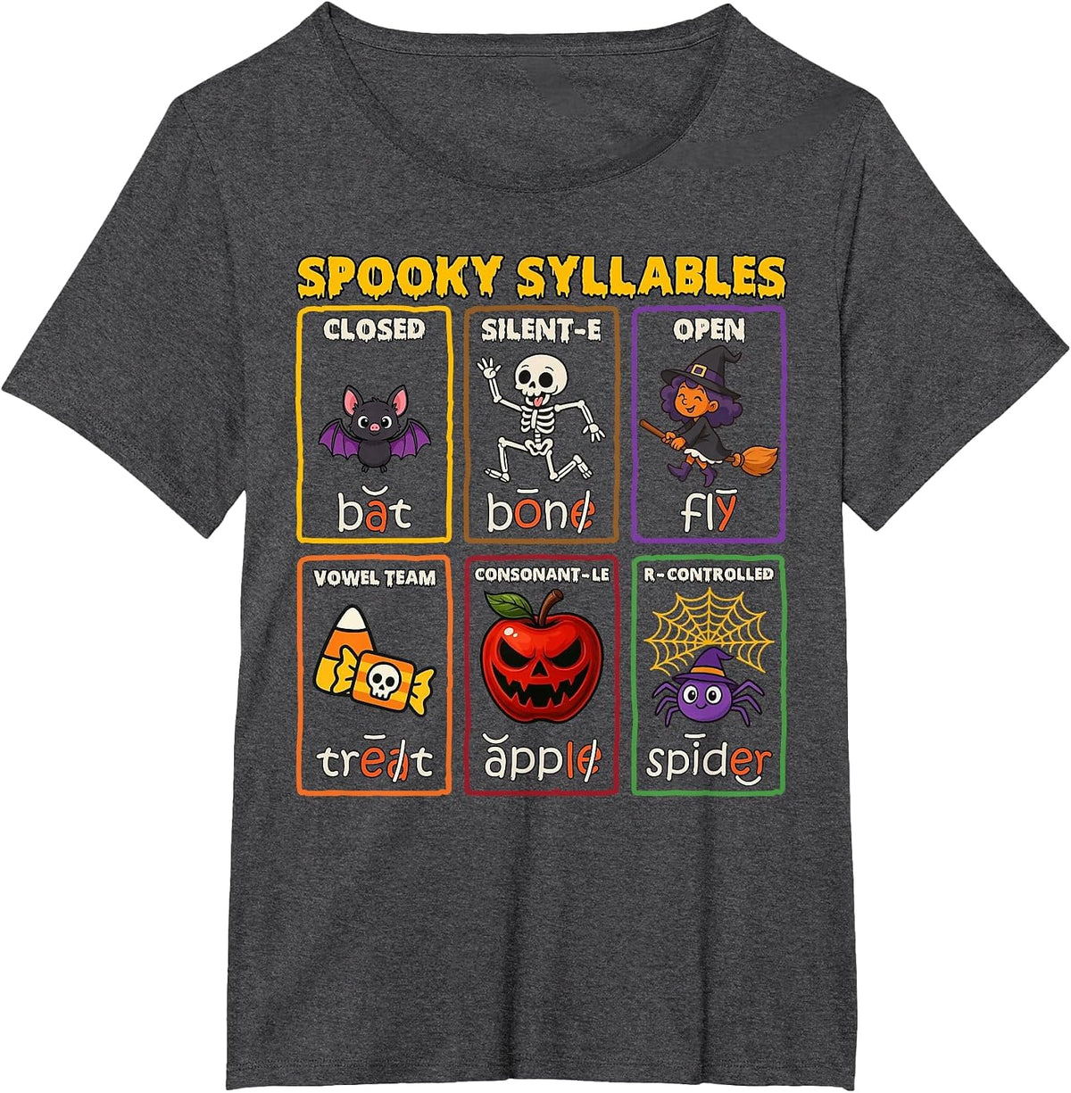 Spooky Syllables Halloween Reading Teacher T-Shirt - Dark Heather Grey