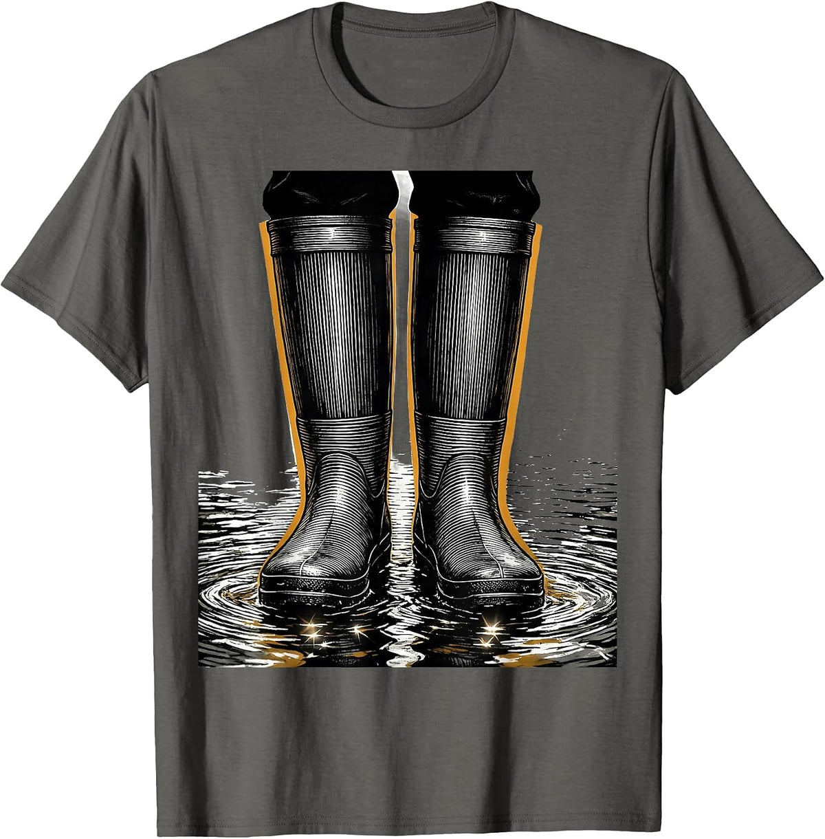 Rubber Boots in the River Fishing Illustration T-Shirt - Asphalt Grey