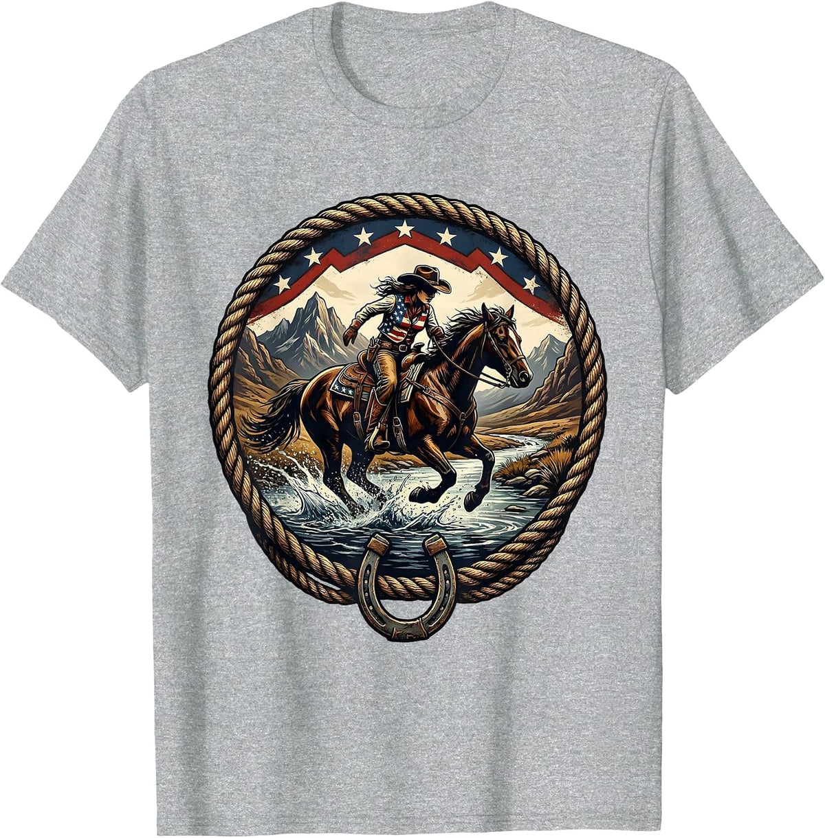 Men's Cowgirl Riding Horse Through Mountain River T-Shirt - Heather Grey