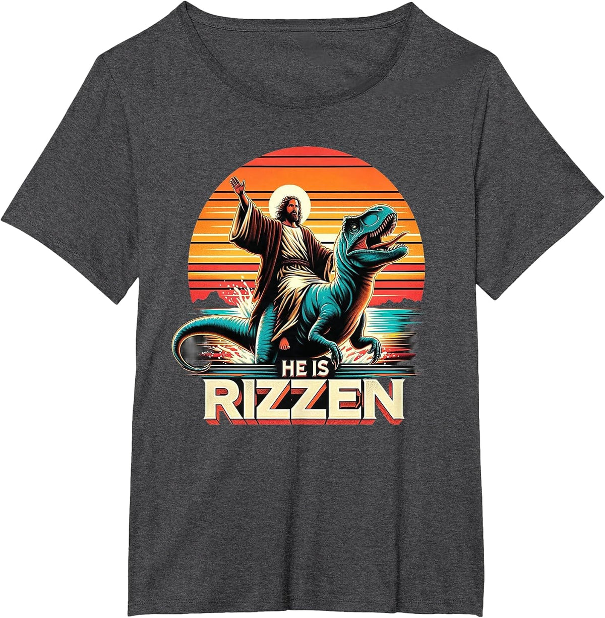 He is Rizzen Jesus Retro Christian Dinosaur T-Shirt - Dark Heather Grey