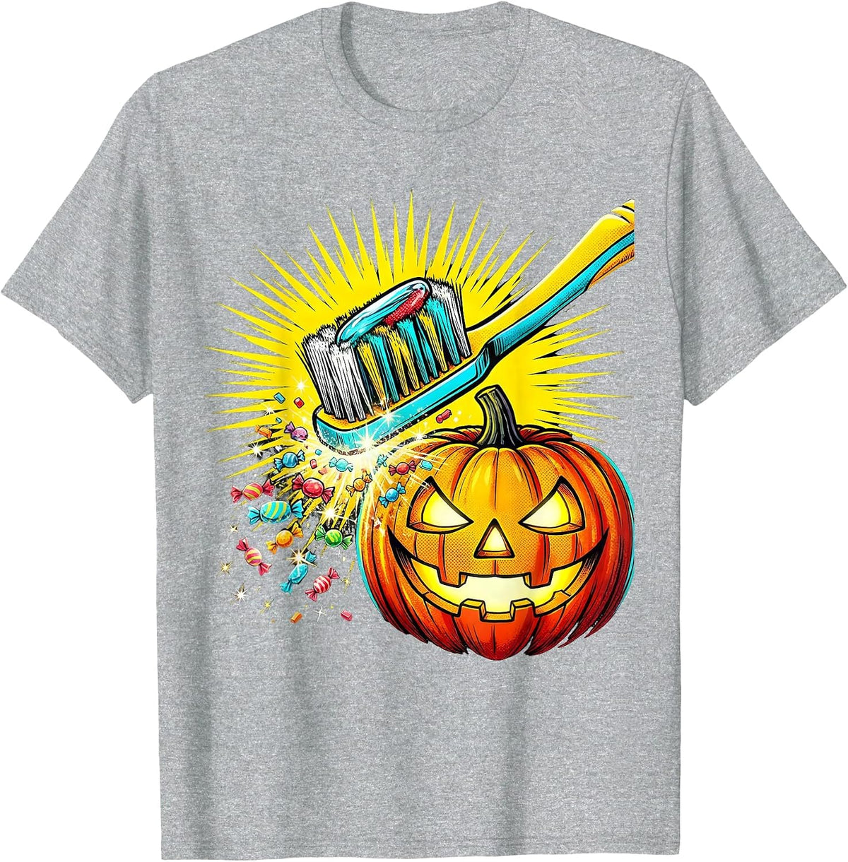 Men's Oversized Toothbrush Jack-O-Lantern Dental Humor Halloween T-Shirt - Heather Grey