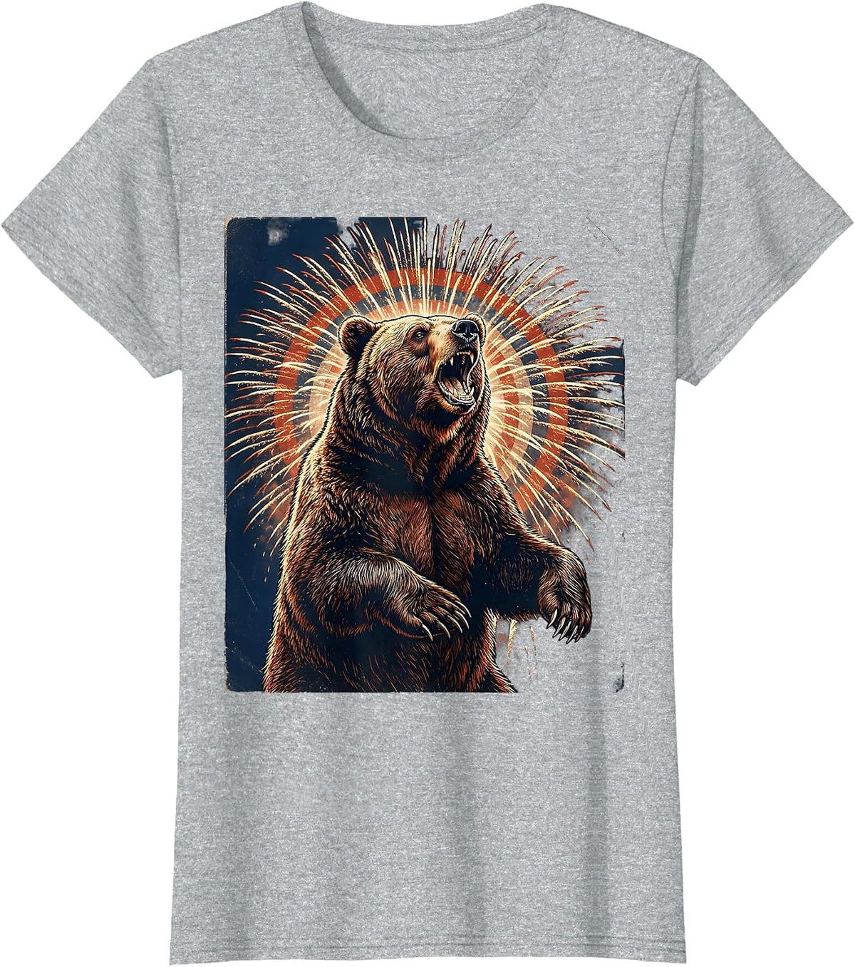 Women's Red White Blue Roaring Bear Firework Burst T-Shirt - Heather Grey