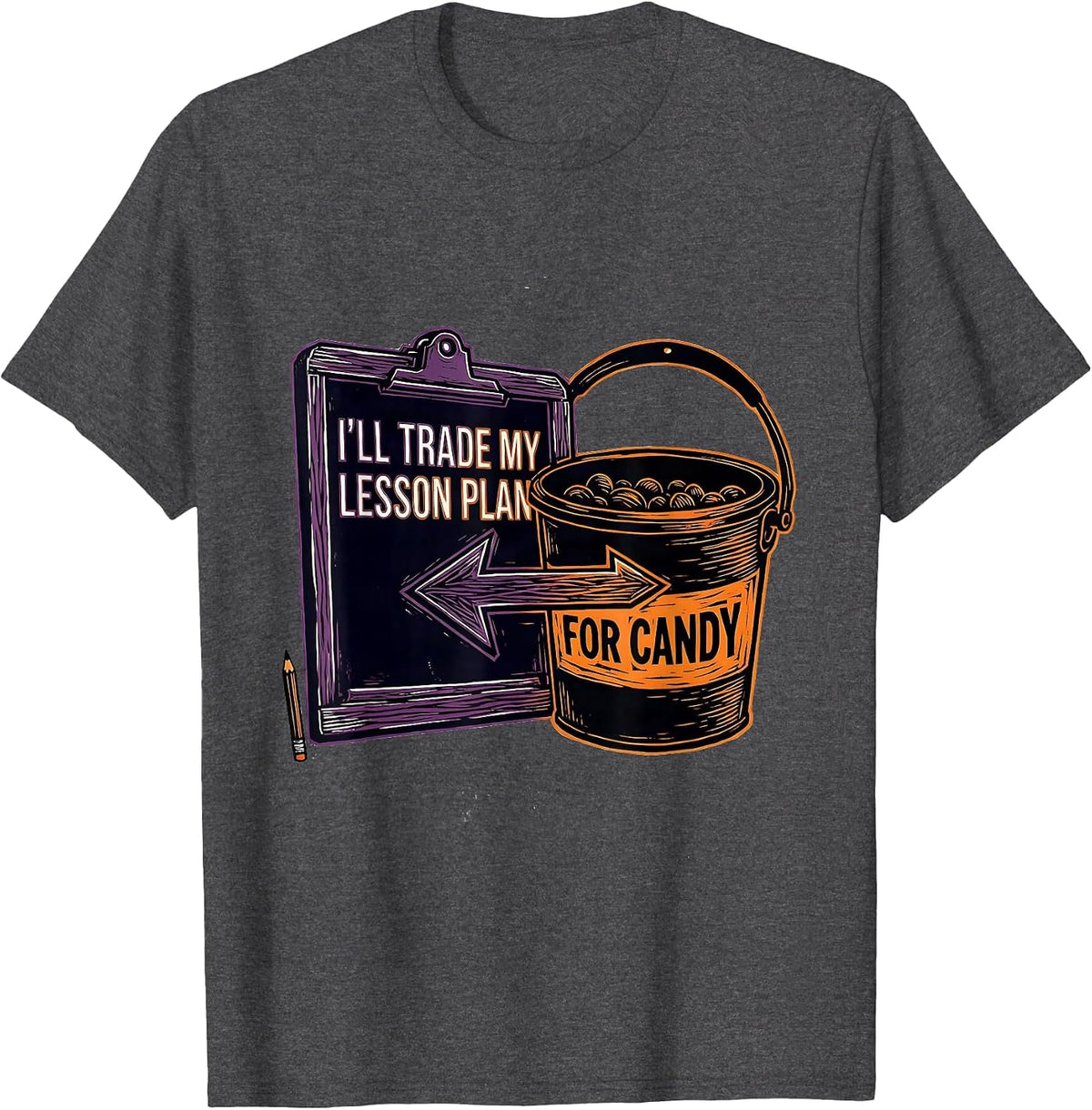 I'll Trade My Lesson Plan For Candy Funny Teacher Halloween T-Shirt - Dark Heather Grey