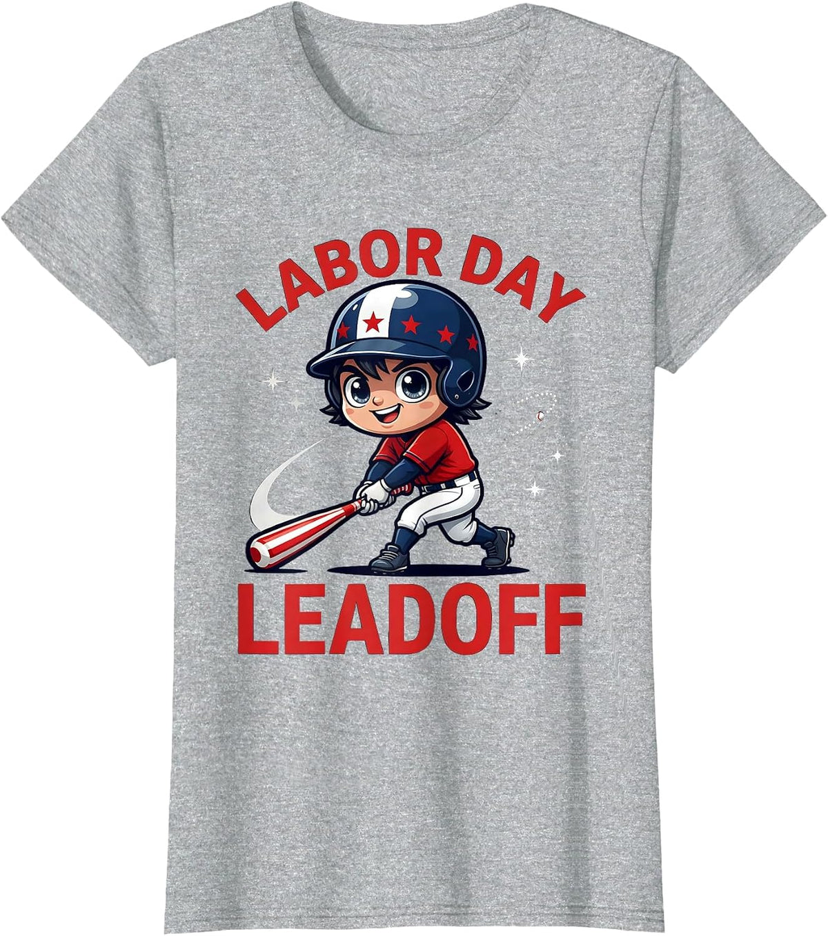 Women's LABOR DAY LEADOFF Cartoon Baseball Player Labor Day T-Shirt - Heather Grey