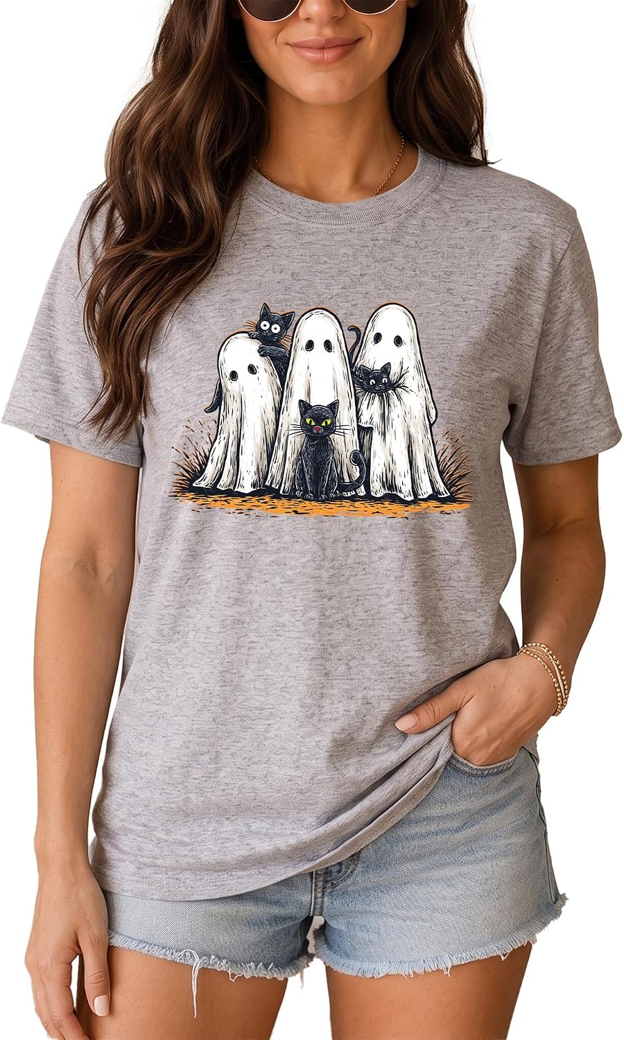 Ghosts and Black Cats Cute Halloween Graphic Tee - Sport Grey
