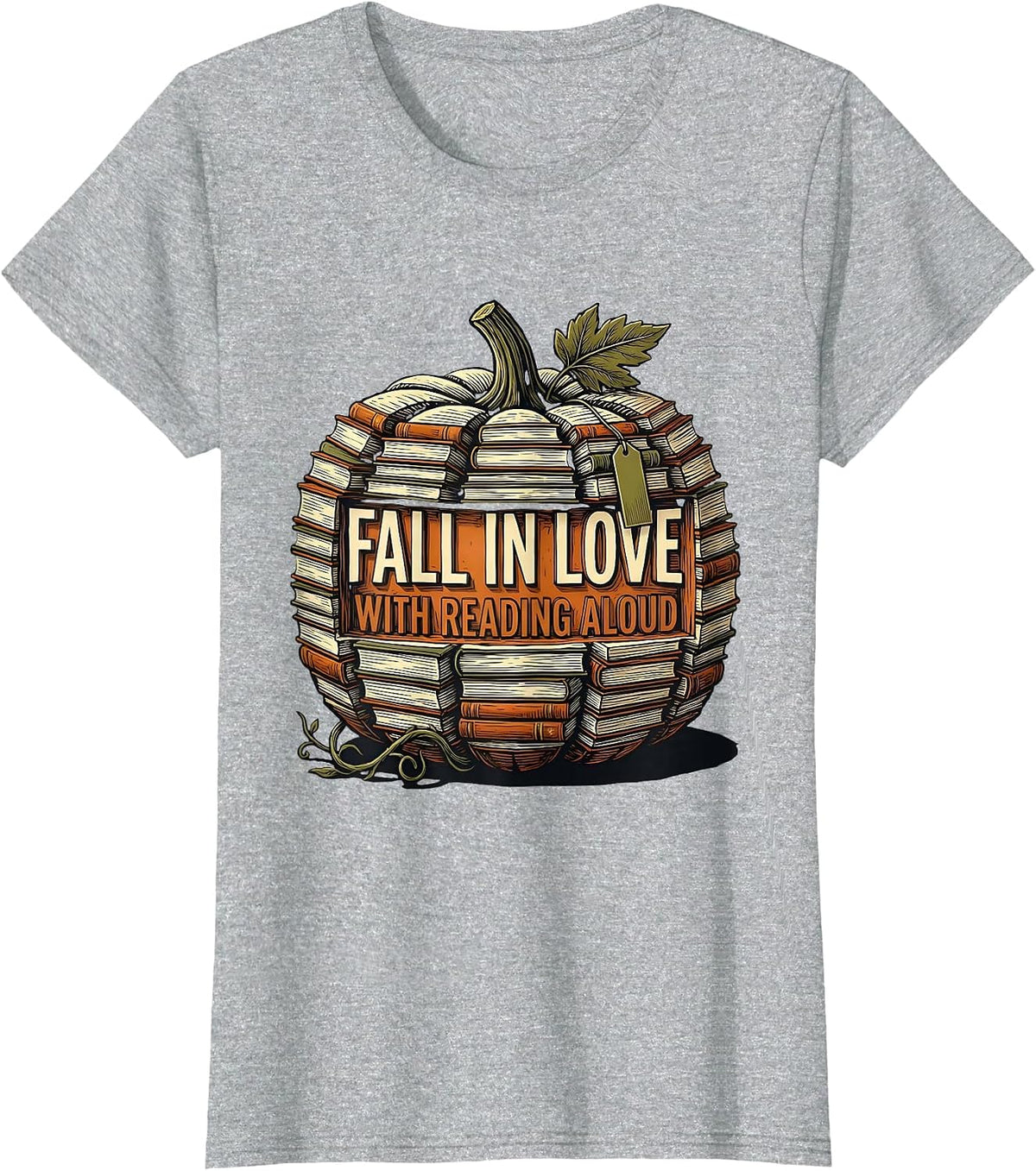 Fall In Love With Reading Aloud Linocut Pumpkin Teacher T-Shirt - Heather Grey