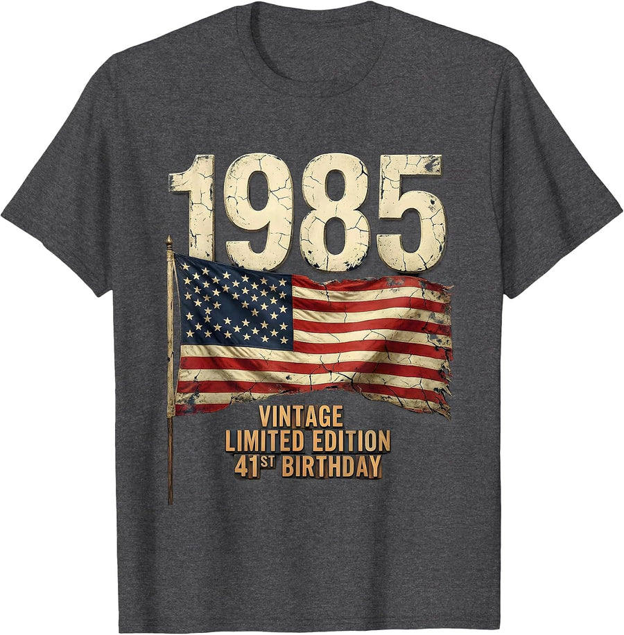 Men's Vintage 1985 Limited Edition 41st Birthday USA Flag T-Shirt - Dark Heather Grey