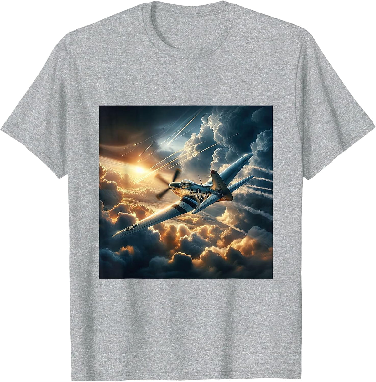 WWII Warbirds | P-51 Mustang in Dynamic Flight Cloudy Sky T-Shirt - Heather Grey