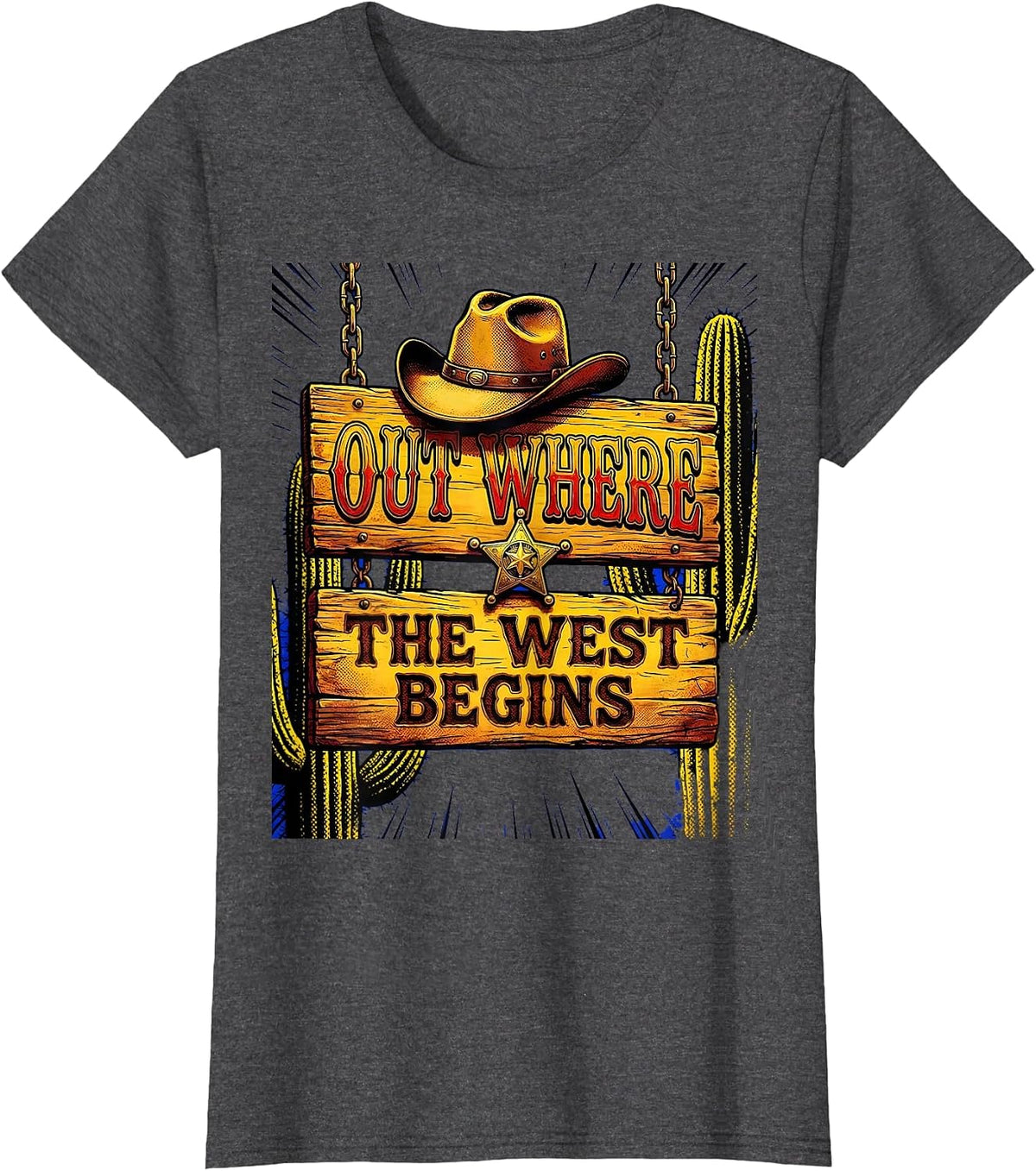 Women's Out Where The West Begins Cowgirl Design T-Shirt - Dark Heather Grey