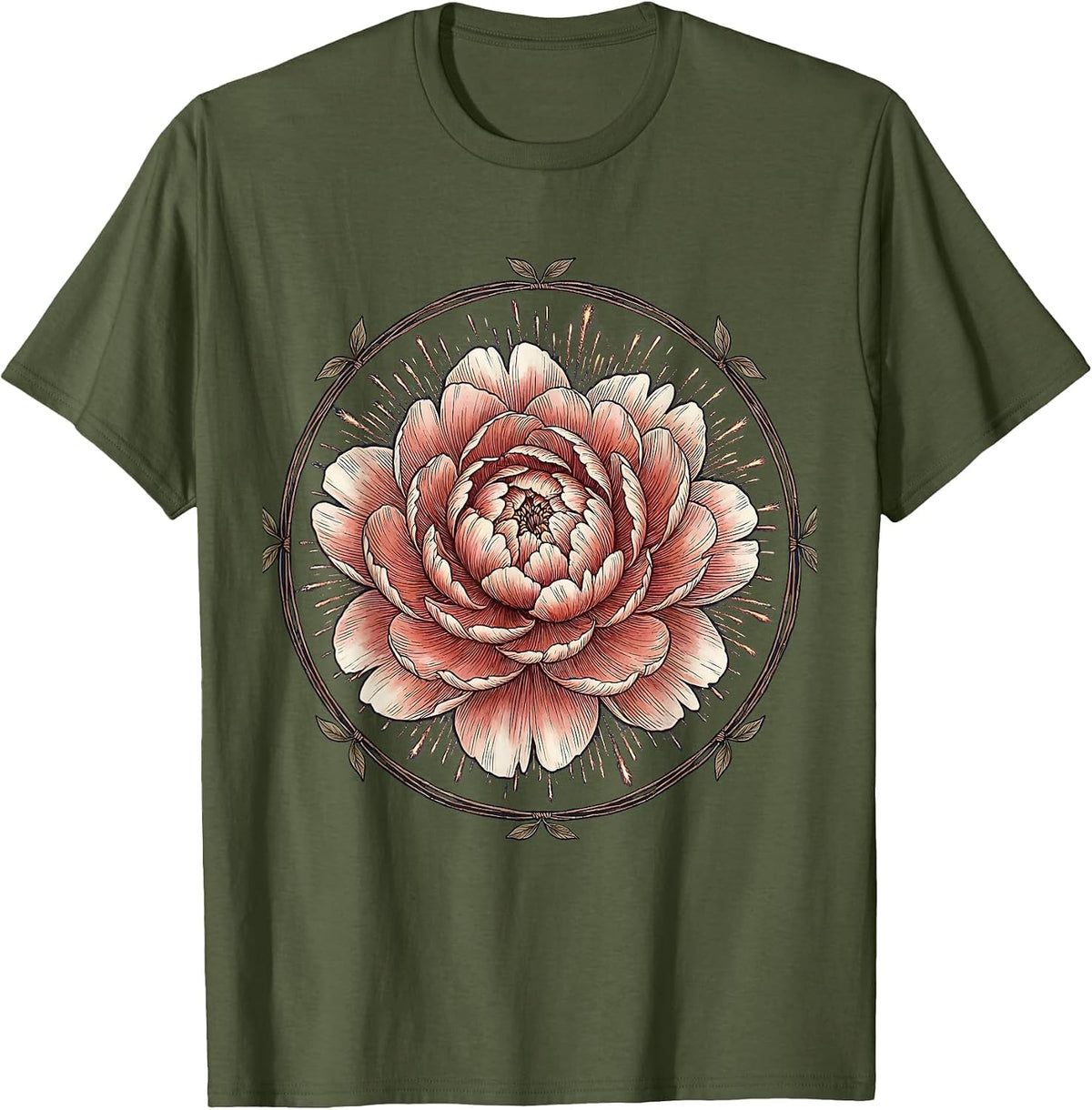 Red White Blue Firework Peony Burst Graphic T-Shirt - Olive Green