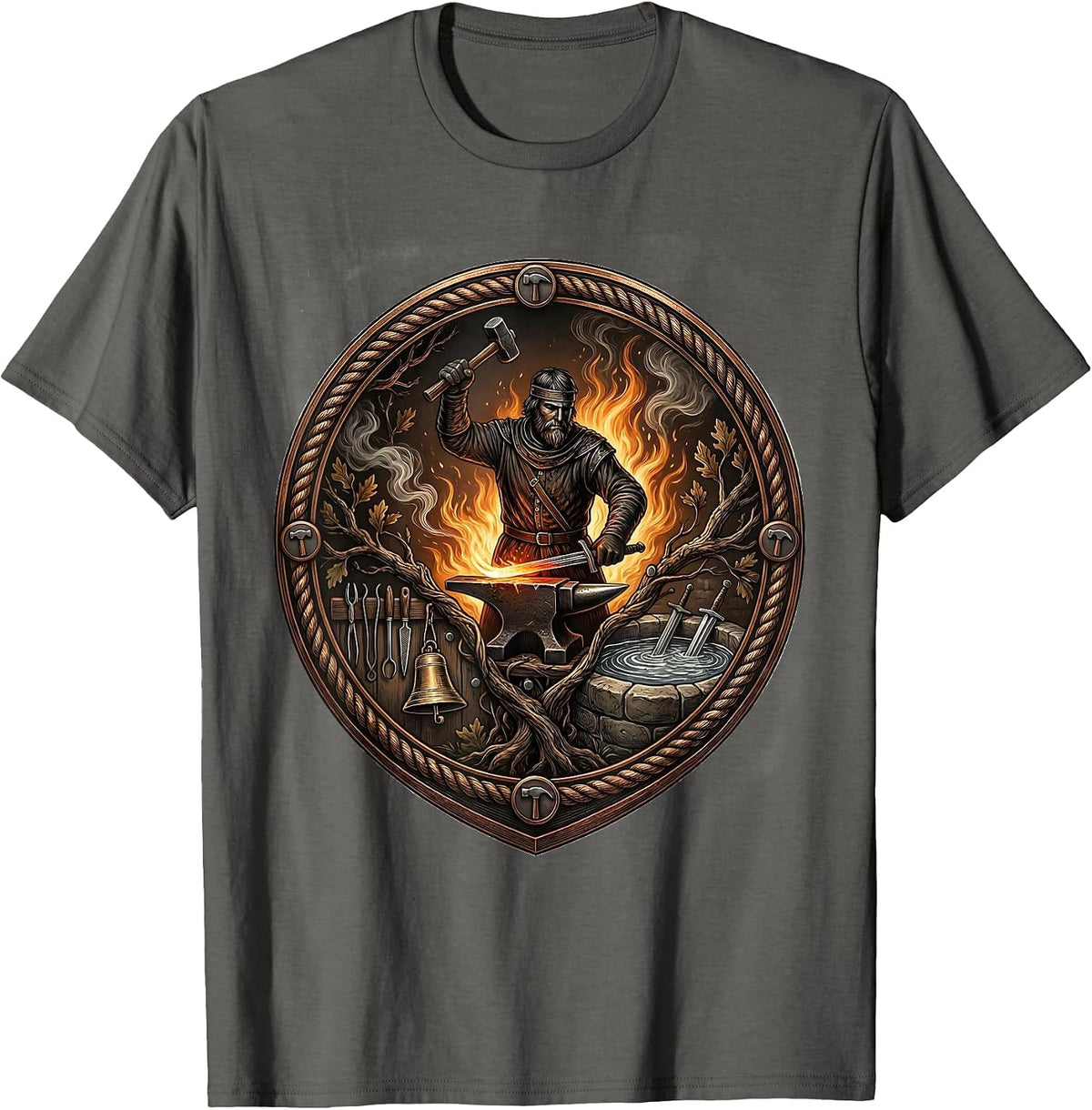 Men's Medieval Blacksmith Forging Sword at the Forge T-Shirt - Asphalt Grey